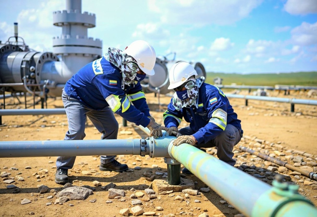 A worker fixes a pipeline at the plant of Colombian petroleum company Ecopetrol in Acacias, Meta Department, south of Bogota on February 10, 2023. (Photo by Juan BARRETO / )