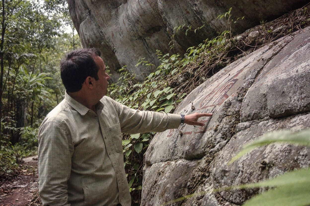 An anthropologist from the French Institute of Andean Studies (IFEA), points to rock art at the Raudal de Guayabero hill in the Serrania La Lindosa in the Amazonian jungle department of Guaviare, Colombia, on June 8, 2018. The Serrania La Lindosa, declared as a new Protected Archaeological Site of Colombia, is one of the places with the most abundant rock art in the world. The Serranias of Chiribiquete and La Lindosa are among the areas in Colombia that were closed to outsiders during the armed conflict and are now opening up to scientific researchers. (Photo by GUILLERMO LEGARIA / )