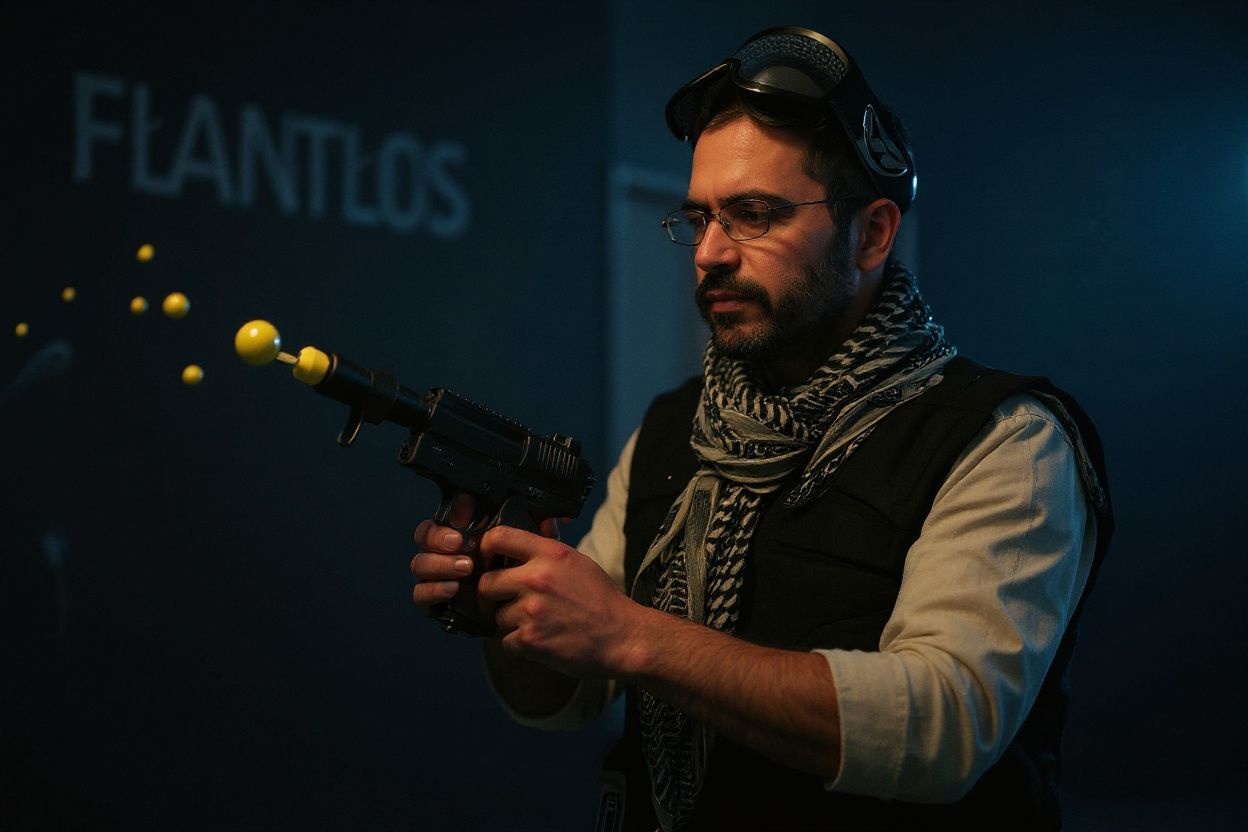 Iraqi born artist Wafaa Bilal loads paintballs into a gun in his Domestic Tension exhibit at the Flatfile galleries. Source: Scott Olson/