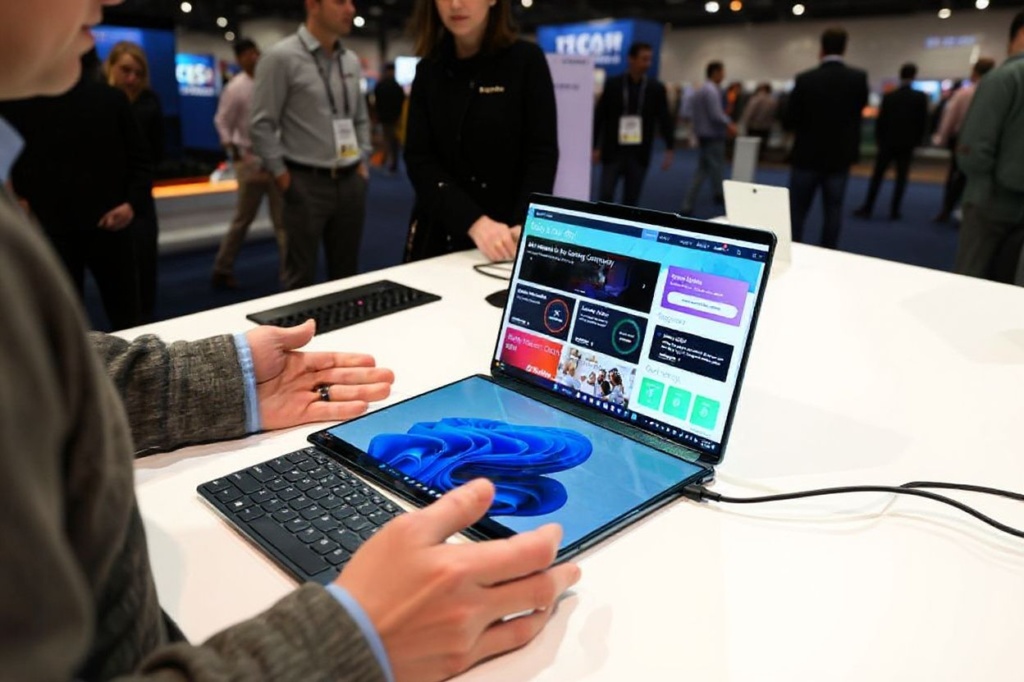 The new Lenovo dual-screen Yoga Book 9i laptop is demonstrated with different screen and keyboard modes at the Microsoft Inc. booth during the Consumer Electronics Show (CES) in Las Vegas, Nevada on January 6, 2023. (Photo by Patrick T. Fallon / )