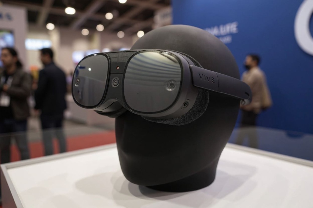 The HTC Vive XR Elite headset in glasses mode for both virtual reality (VR) and augmented reality (AR) is displayed during the Consumer Electronics Show (CES) in Las Vegas, Nevada, on January 6, 2023. (Photo by Patrick T. Fallon / )
