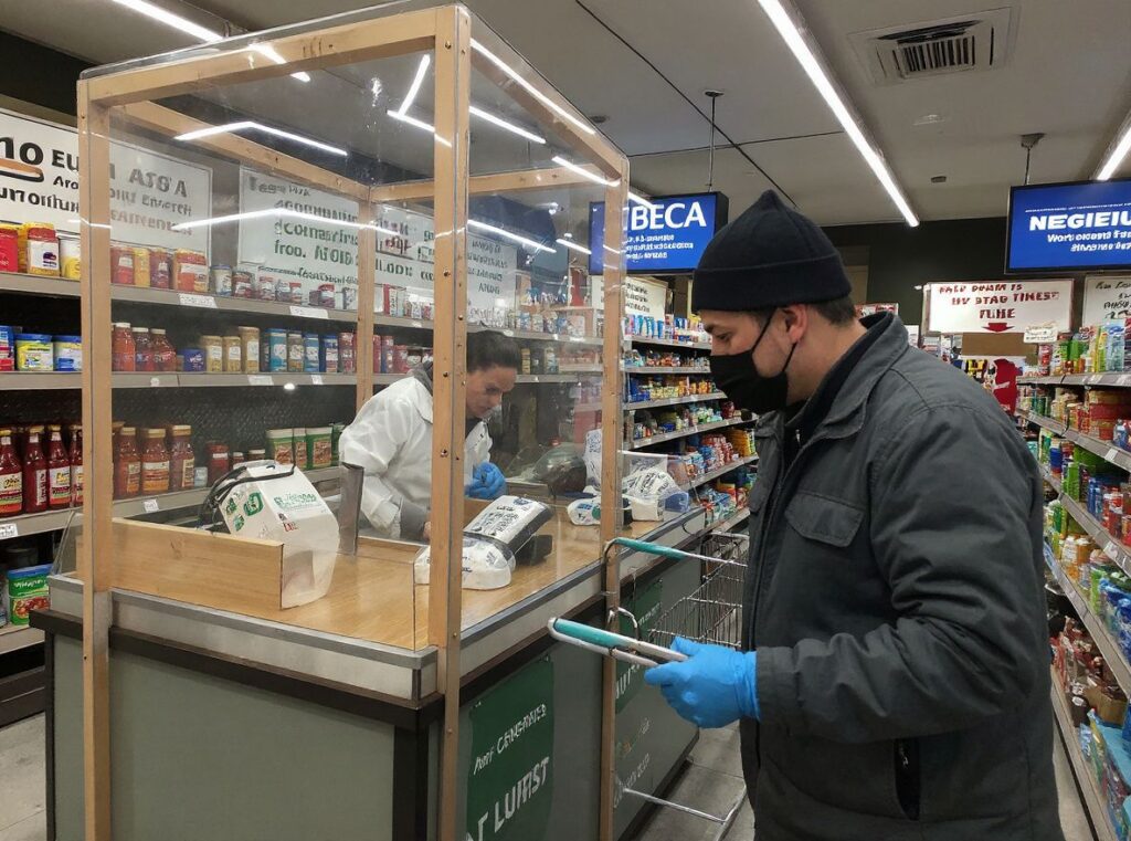 MERRICK, NEW YORK – APRIL 03: A Pat’s Farms grocery store cashier operates behind a plexiglass barrier as a safety precaution for cashiers and customers during the coronavirus outbreak on April 03, 2020 in Merrick, New York. The World Health Organization declared coronavirus (COVID-19) a global pandemic on March 11th.   Al Bello/Getty Images/