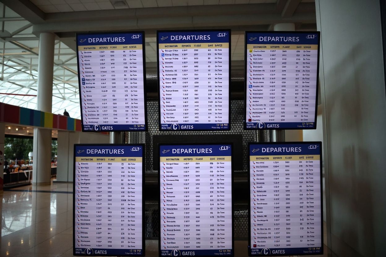 A view of the arrivals and departures board at Charlotte Douglas International Airport on May 15, 2020 in Charlotte, North Carolina. Air travel is down an estimated 94 percent due to the coronavirus (COVID-19) pandemic and major U.S. airlines are taking a major financial hit with losses of 0 million to 0 million a day and nearly half of major carriers airplanes are sitting idle. Chris Graythen/Getty Images/ (Photo by Chris Graythen / GETTY IMAGES NORTH AMERICA / Getty Images via )