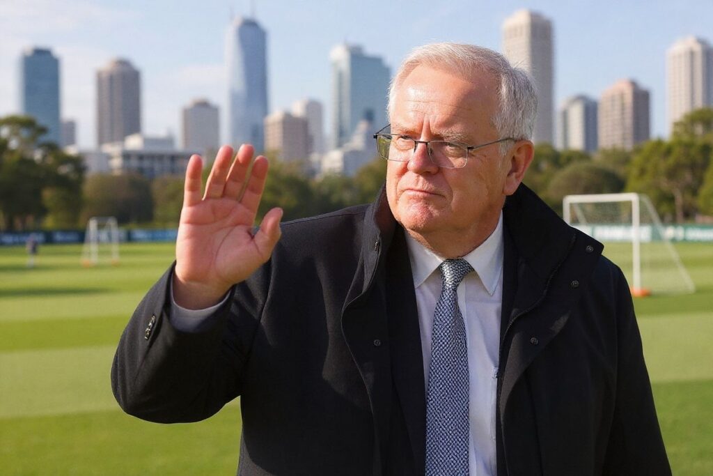 Australian Prime Minister Scott Morrison waves as he leave after the state memorial service for the former Australian cricketer Shane Warne at Melbourne Cricket Ground (MCG) in Melbourne on March 30, 2022. – Warne died at a resort in Thailand on March 4, of a heart attack at the age of 52. (Photo by William WEST / )