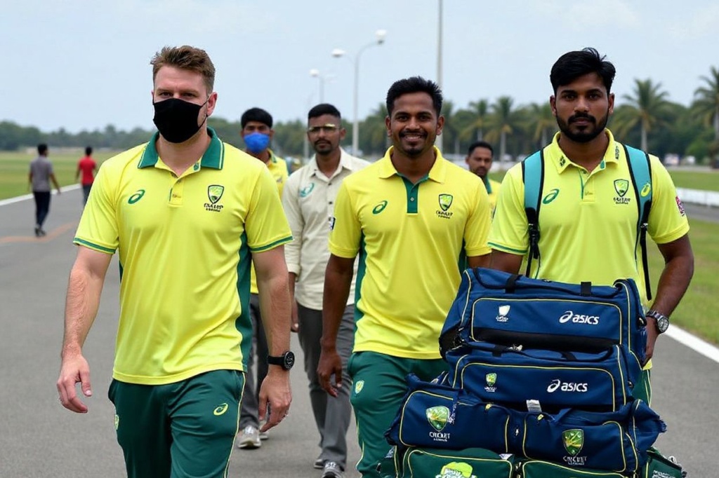 Australias captain Aaron Finch (L) and teammates arrive at the airport on the outskirts of Colombo on June 1, 2022, ahead of their two Tests, three T20s and five one day international (ODI) cricket matches against Sri Lanka. (Photo by Ishara S. KODIKARA / ), shot on Nikon D850, 35mm f/1.8 lens, RAW photograph, unedited, candid moment, natural lighting, photojournalistic style | NEGATIVE: AI generated, artificial, computer generated, digital art, 3d render