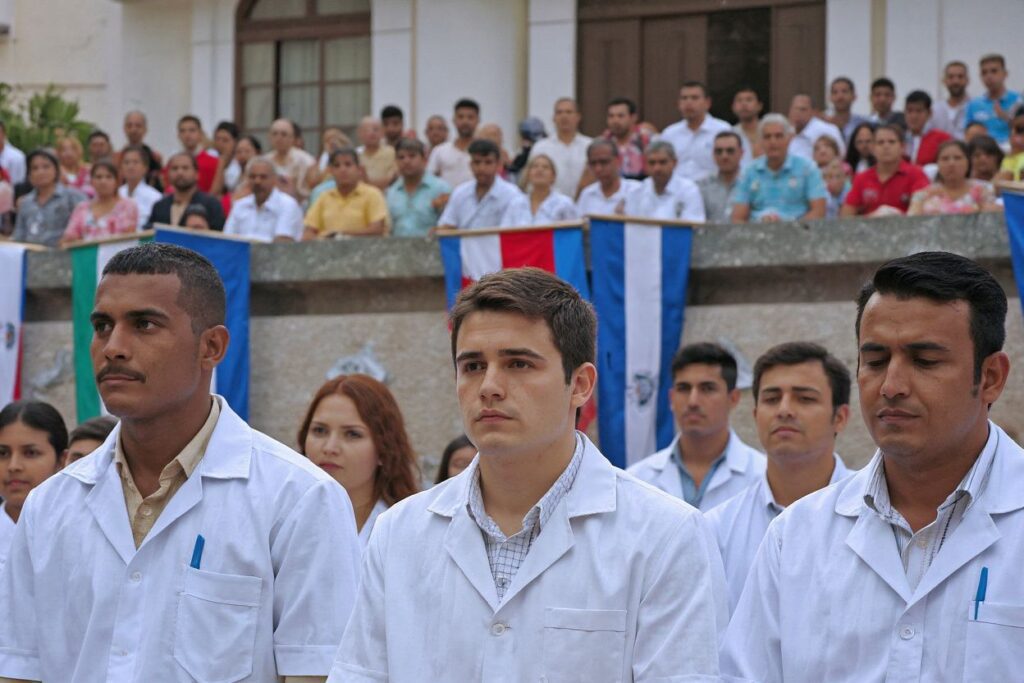 Latin American medical students are seen during their graduation ceremony, in which more than 1000 Cuban and foreign medical students–572 from 26 countries and 432 Cubans– got their degrees 22 August, 2006 in Havana. Cuban Health Minister Jose Ramon Balaguer said in a speech during the ceremony that Cuban President Fidel Castro is recovering from surgery to continue “permanently in the first line of combat”.   PHOTO/Adalberto ROQUE (Photo by ADALBERTO ROQUE / )