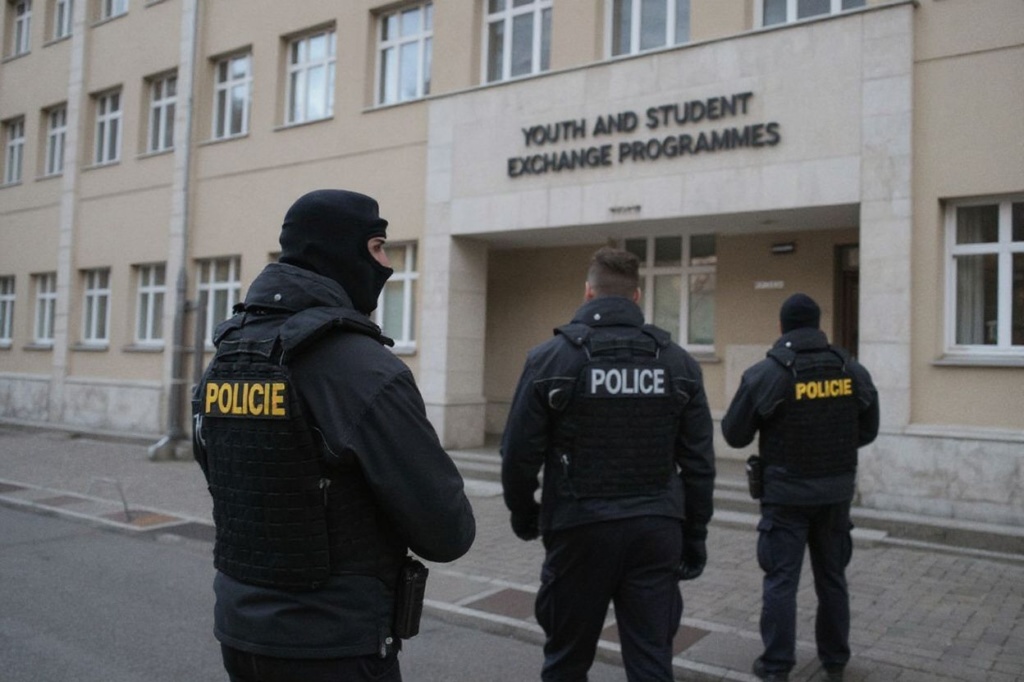 Police in front of a university that does youth and student exchange programmes. Source: