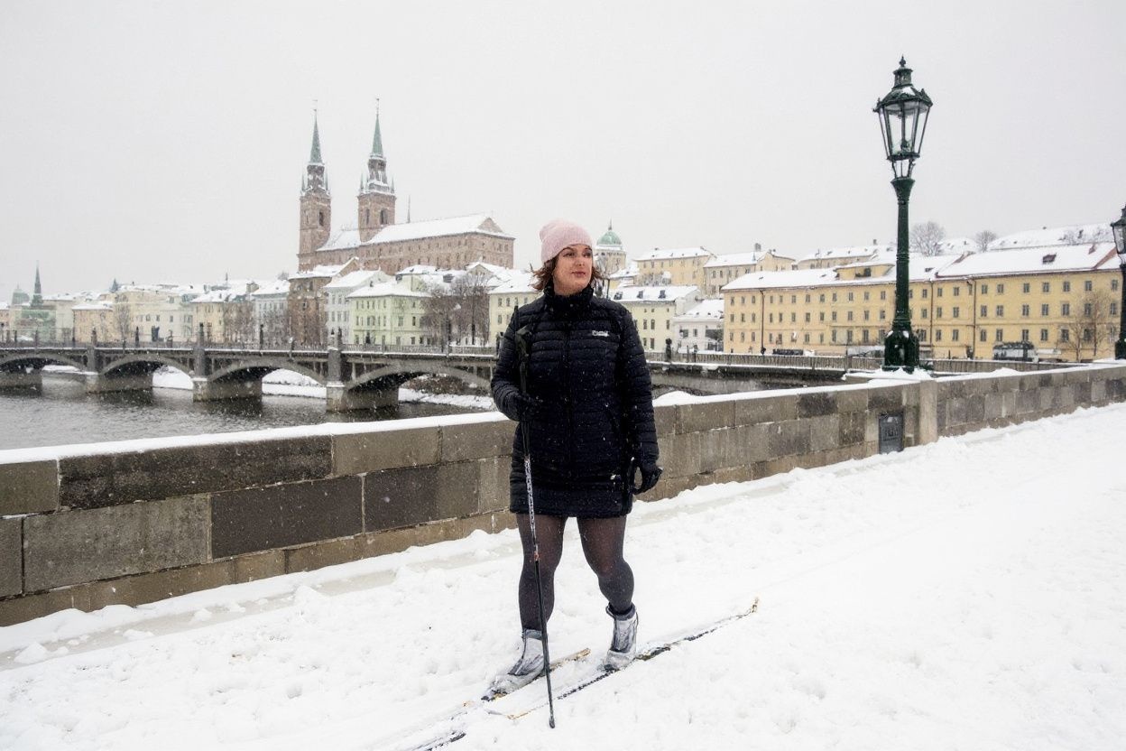 A woman skies after snowfall across the Charles Bridge in Prague on February 9, 2021. Heavy snowfall across the Czech Republic has disrupted rail, road and public transport. (Photo by Michal Cizek / )