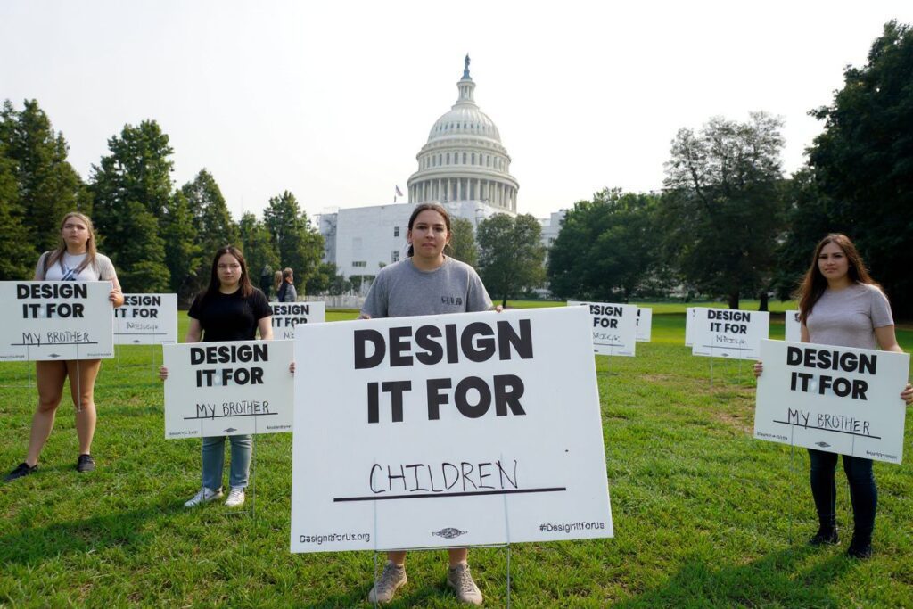 A youth-led coalition, Design It For Us, displayed signs on the US Capitol’s west lawn, urging lawmakers to prioritize youth safety over Big Tech profits in social media. Source: