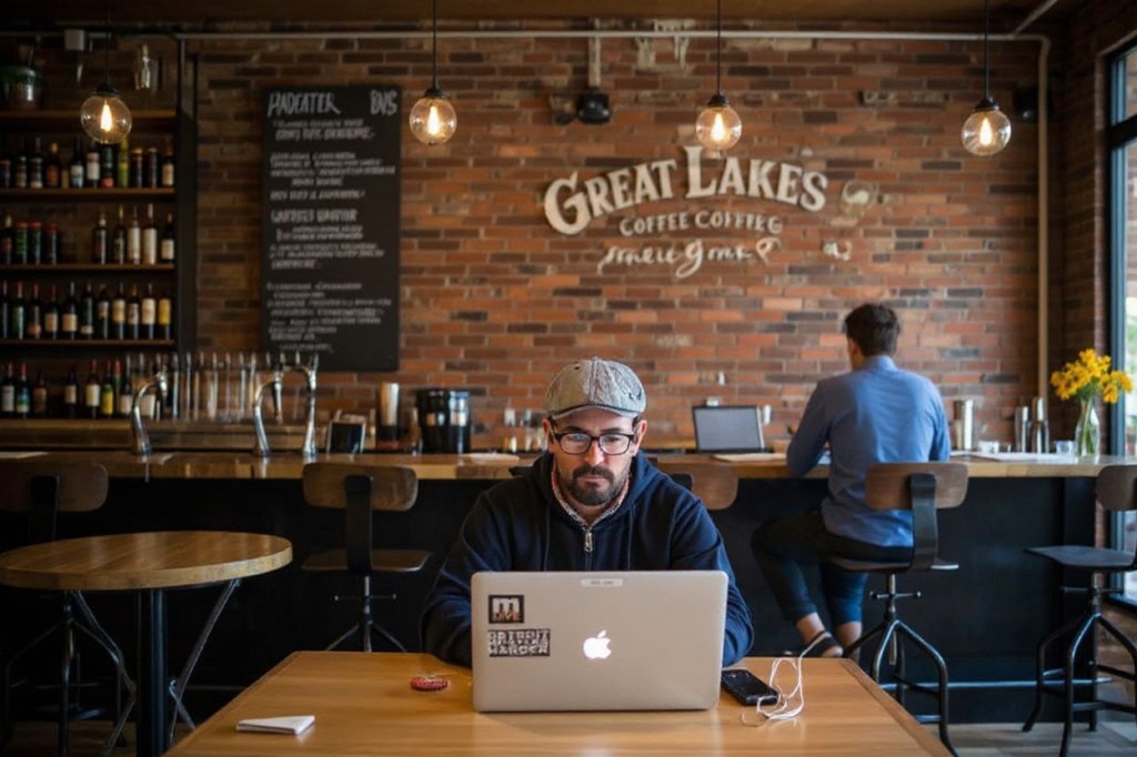 DETROIT, MI – SEPTEMBER 06: A customer works on his laptop at Great Lakes Coffee Roasting Company on September 6, 2013 in Detroit, Michigan. Great Lakes Coffee Roasting opened 14 months ago, and has since become a popular spot for a growing community of creative-types to meet, work on laptops and sip on a coffee or beer. Despite over 78,000 abandoned homes across 140 square miles, 16% unemployment and the city declaring bankrupty in July, Detroit has attracted a booming creative class in the past five years.   Andrew Burton/Getty Images/ (Photo by Andrew Burton / GETTY IMAGES NORTH AMERICA / Getty Images via )