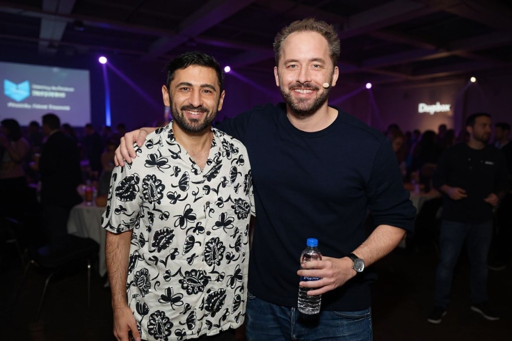 SAN FRANCISCO, CALIFORNIA – SEPTEMBER 25: Arash Ferdowsi and Drew Houston are seen during the Dropbox Work In Progress Conference at Pier 48 on September 25, 2019 in San Francisco, California.   Matt Winkelmeyer/Getty Images for Dropbox/ (Photo by Matt Winkelmeyer / GETTY IMAGES NORTH AMERICA / Getty Images via )