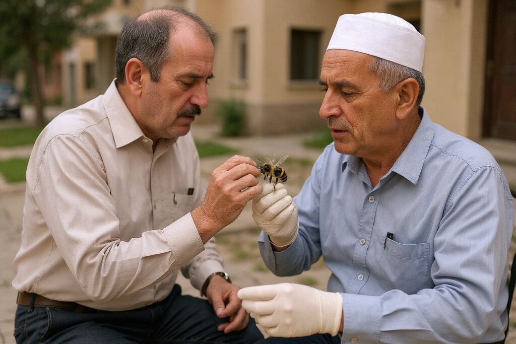 A bee stings the back of a patient receiving treatment at the workshop of Sayed al-Sayeh, an apitherapist who originally trained as an agricultural engineer, in a suburb of Giza. Al-Sayeh offers his traditional medicine treatment free of charge, in principle using bees’ sting venom to treat rheumatic pain, nerve inflammation, and arthritis. Source: Khaled Desouki/