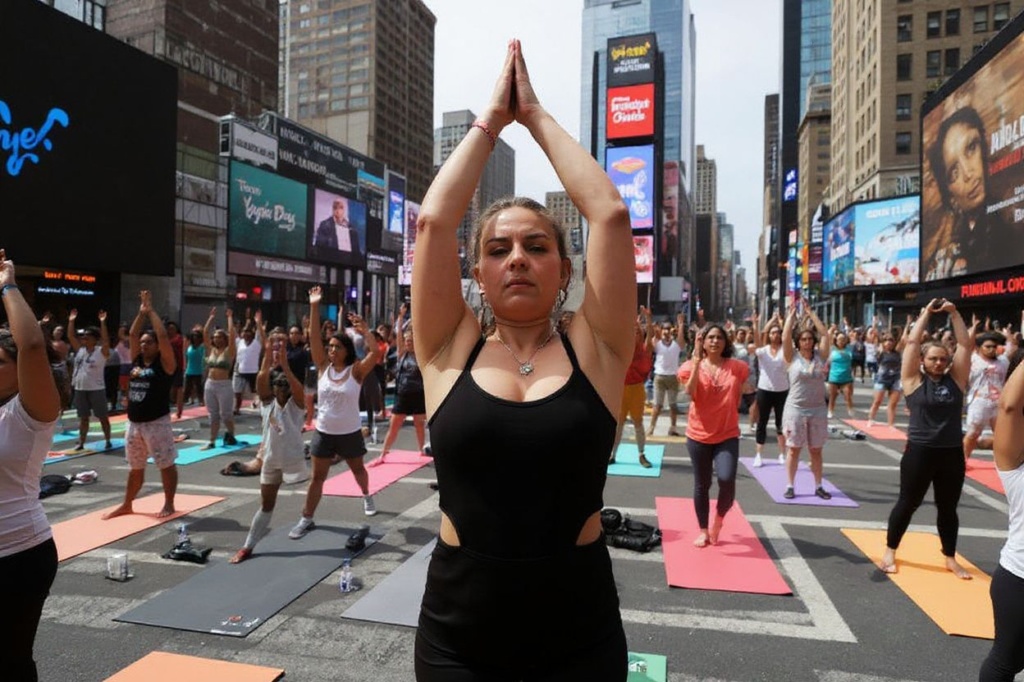 NEW YORK, NEW YORK – JUNE 21: People participate in a mass yoga session on International Yoga Day in Times Square on June 21, 2023 in New York City. Thousands of yoga practitioners, both young and old, participated in group sessions throughout the day. Indian Prime Minister Narendra Modi started his day at the United Nations (UN) headquarters where he led delegates from over 180 nations in morning yoga.   Spencer Platt/Getty Images/ (Photo by SPENCER PLATT / GETTY IMAGES NORTH AMERICA / Getty Images via )