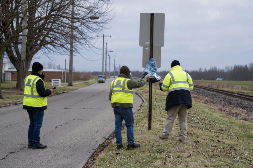 EPA contractors maintain air monitoring systems on February 24, 2023 in East Palestine, Ohio. On February 3rd, a Norfolk Southern Railways train carrying toxic chemicals derailed causing an environmental disaster. Thousands of residents were ordered to evacuate after the area was placed under a state of emergency and temporary evacuation orders. Source: