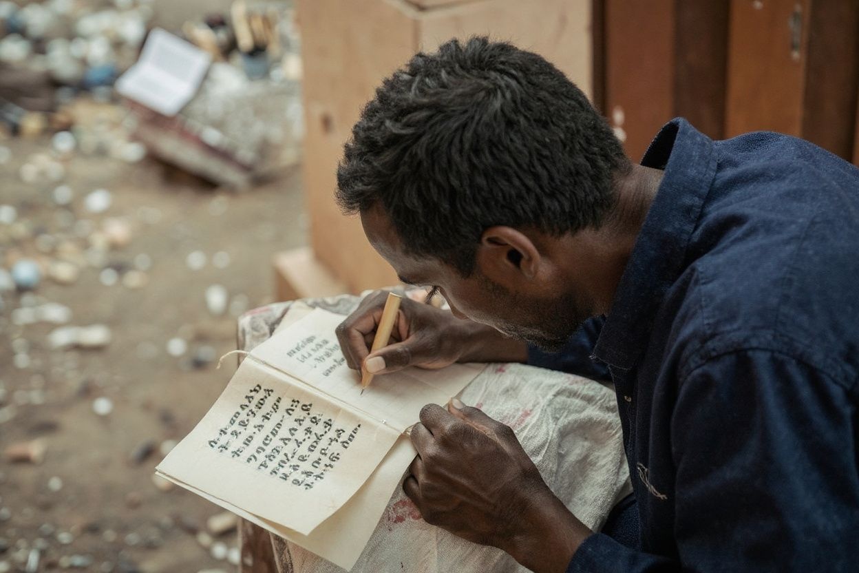 A member of Hamere Berhan initiative writes scriptures in Ge’ez language on parchment made of goat skin in Addis Ababa, Ethiopia.