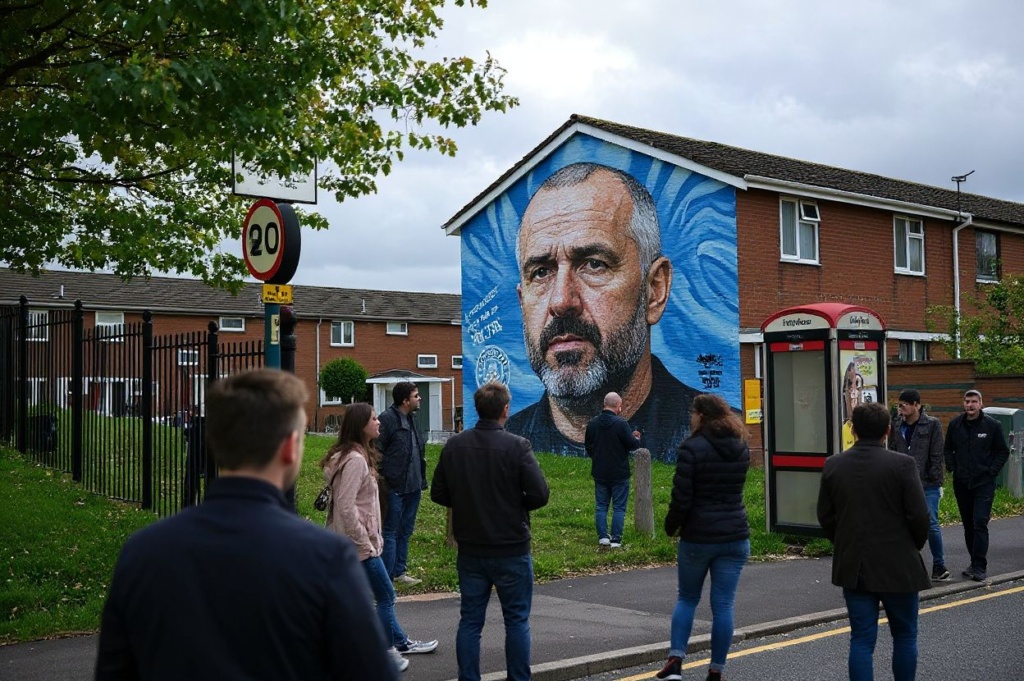 People look at mural depicting Manchester City’s Spanish manager Pep Guardiola, on the side of a house opposite the Etihad Stadium in Manchester, north west England, on October 8, 2022, ahead of the English Premier League football match between Manchester City and Southampton. (Photo by Oli SCARFF / )