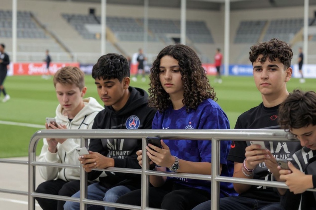 Young fans use their phones as they attend a Paris Saint-Germain team training session at Khalifa International Stadium in Doha on January 18, 2023. (Photo by Mahmoud HEFNAWY / )