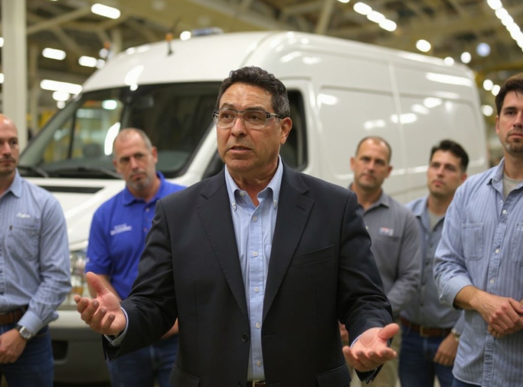 CLAYCOMO, MO – APRIL 30: Ford workers listen as Joe Hinrichs, President of the Americas for Ford Motor, talks to members of the media and workers during the roll out of the Ford Transit commercial van at the Ford Kansas City Assembly Plant April 30, 2014, in Claycomo, Missouri. Nixon put together an Automotive Jobs Task Force in 2009 to recommend strategies to gain investments for Missouri’s automotive industry. In 2011, Ford invested USD .1 billion into the expansion of the Kansas City Assembly Plant to include the production of the Ford Transit van for the first time in the U.S.   Ed Zurga/Getty Images/ (Photo by Ed Zurga / GETTY IMAGES NORTH AMERICA / Getty Images via )