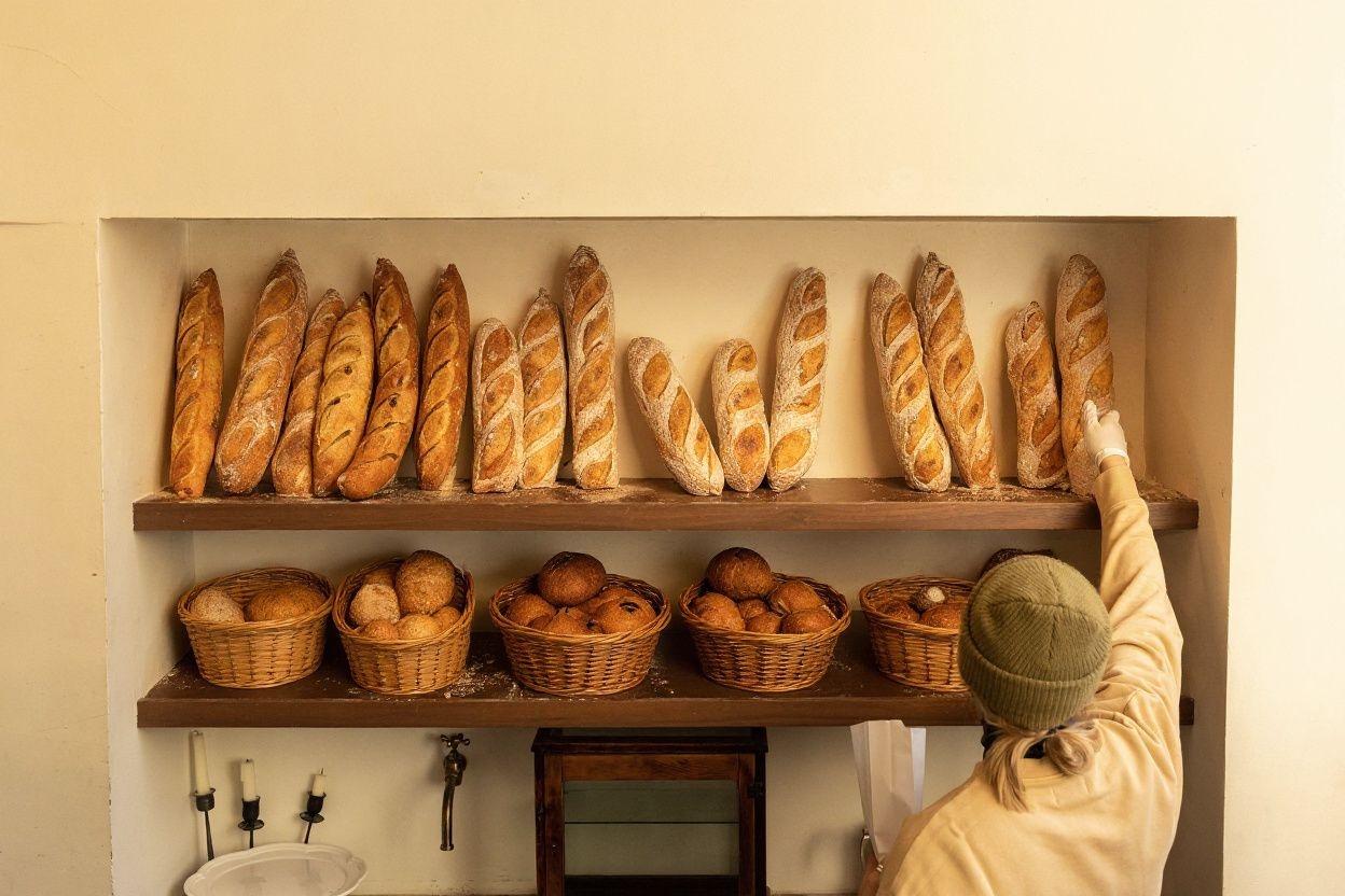 The “putting the baguette upside down on a table will bring bad luck” superstition in France may be one of the reasons why you often see baguettes being sold in baskets or placed up right. Source: