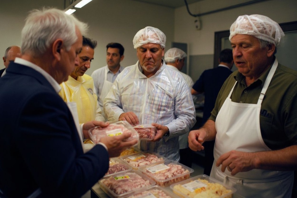 People inspect the labels on packages of meat as farmers from the Rural Coordination union and the FDSEA (Federation of Farmers’ Unions) visit a central kitchen which prepares food for schools and highschools in the Toulouse region, to control the labelling and origins of their products, in Toulouse on August 28, 2015. They found that several products came from the European Community and very few from Haute-Garonne. PHOTO / REMY GABALDA (Photo by REMY GABALDA / )