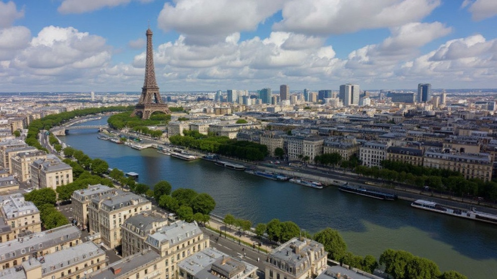 An aerial view of the River Seine and the landmark Tour Eiffel in Paris on July 7, 2019. Source: Eric Feferberg/