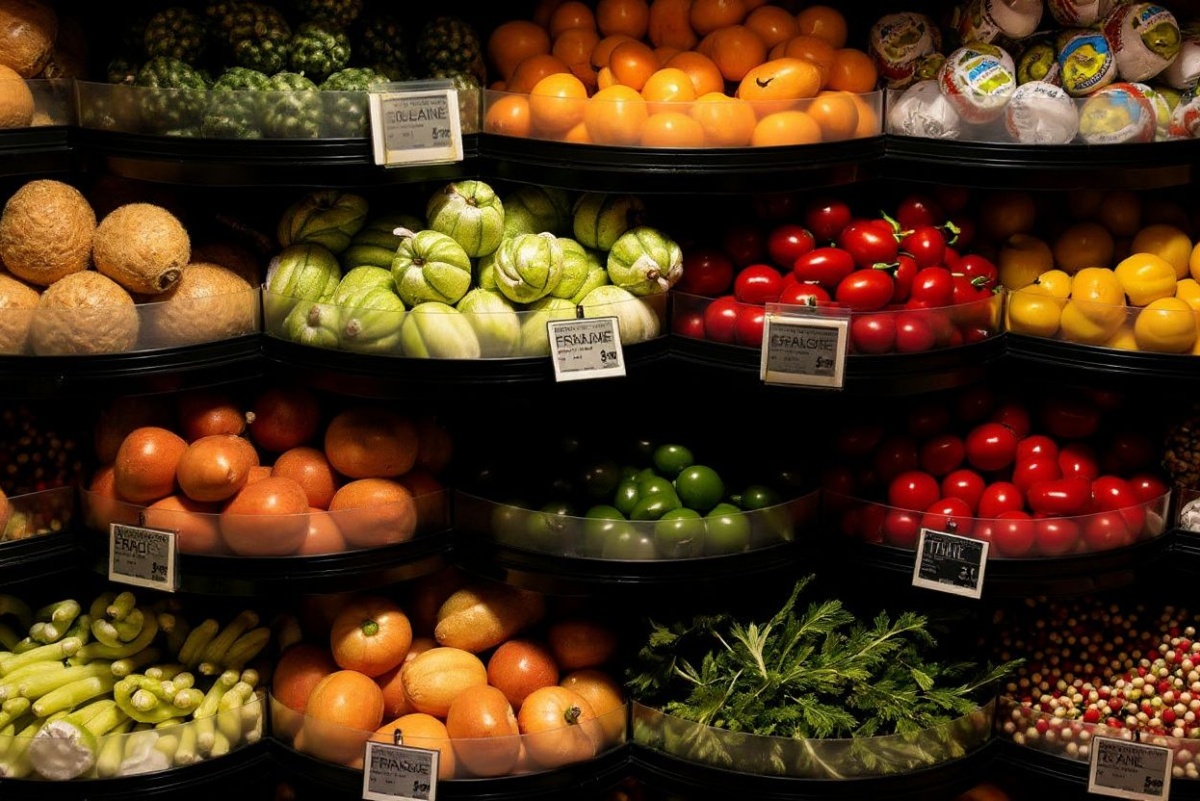 Vegetables from different countries (Spain, Netherlands, Italy, France, Morocco) are displayed in the fruits and vegetables section of a supermarket in Issy-les-Moulineaux, on May 16, 2024. (Photo by JOEL SAGET / )