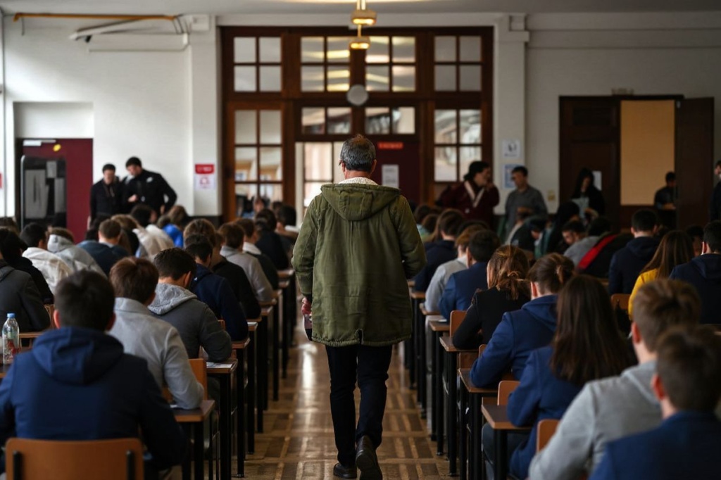 A supervisor walks through rows of tables as students get ready before taking a test as part of the “epreuves de specialite du baccalaureat” (speciality test as part of the high school graduation exam) in Paris on March 20, 2023. (Photo by Christophe ARCHAMBAULT / )