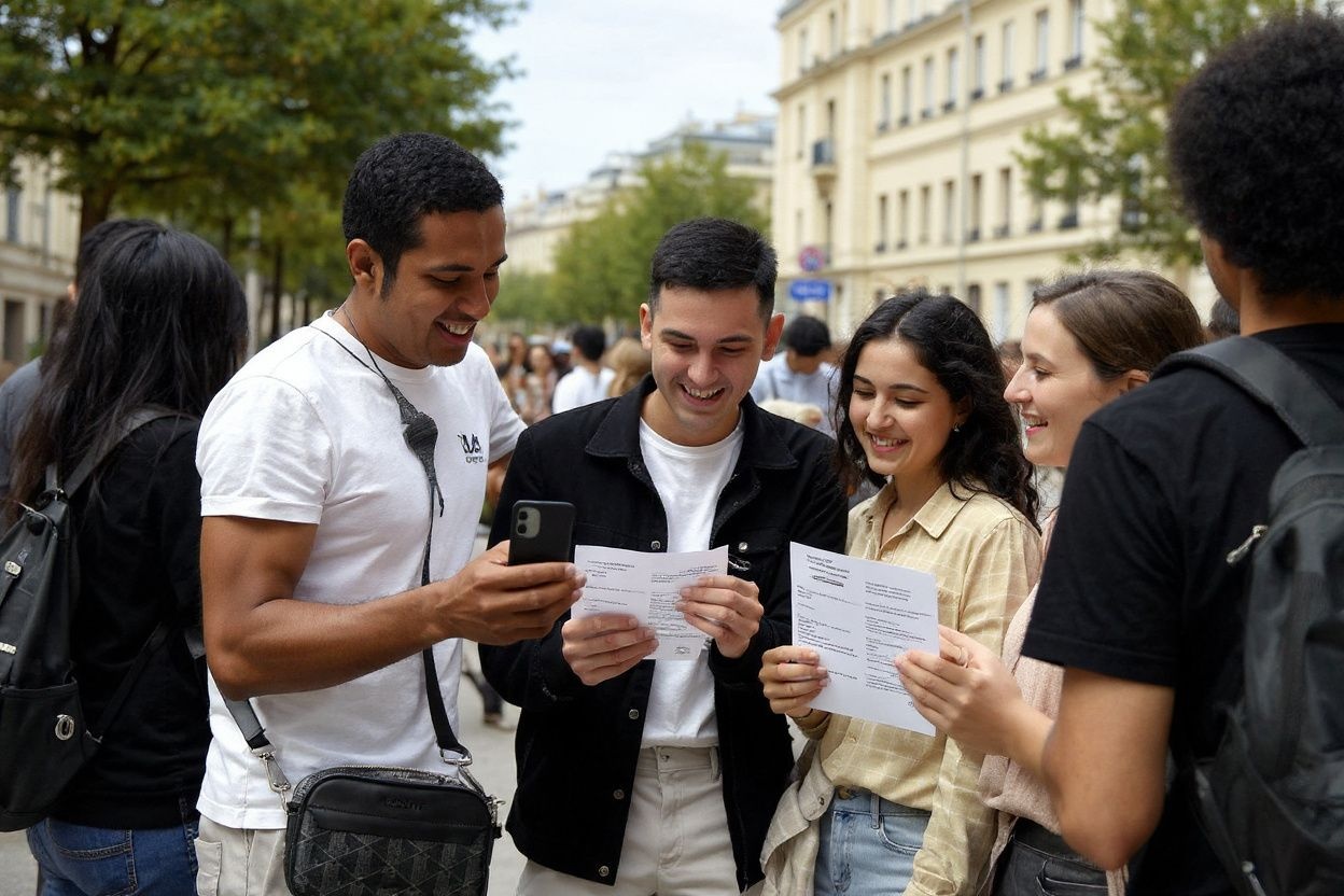 Students celebrate after looking at baccalaureate exam results (high school graduation exam) at the Voltaire high school in Paris on July 4, 2023. (Photo by JULIEN DE ROSA / )