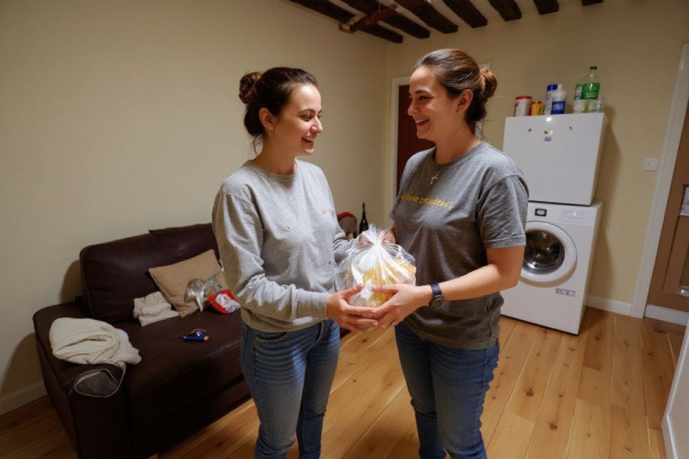 Jimena and Ana, both Spanish students in Erasmus program, are seen in their apartment after receiving a food bag and some sanitary items from the link association. Your scholarship funder should care for you in the same way. Source: Ludovic Marin/