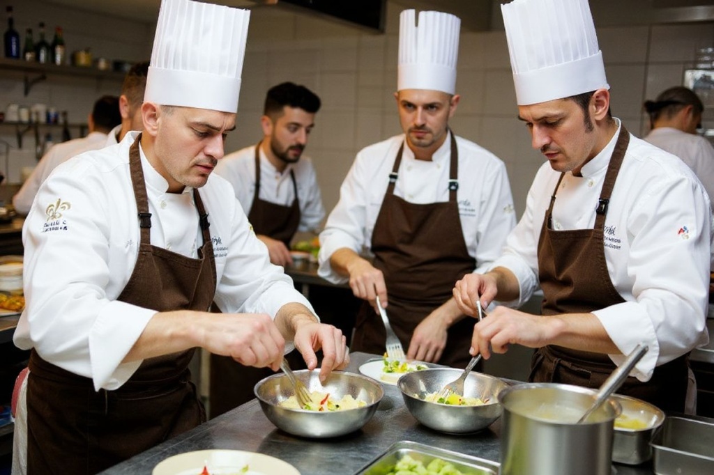 Team of three Michelin-starred French chef for “La Table du Castellet”, Fabien Ferre (unseen), cook in the kitchen of his restaurant in Le Castellet, southern France. Source: