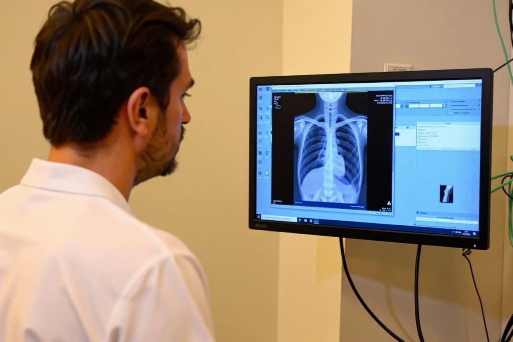 A doctor looks at an x-ray on a screen, helped by artificial intelligence for medical imaging which indicates possible bone fractures and dislocations at the university hospital in Rennes, western France on September 26, 2023. After more than a year of use, the average duration of emergency visits at the university hospital in Rennes has decreased by at least one hour for minor trauma patients. (Photo by Damien MEYER / )