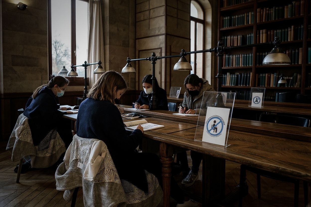 Students study sitting apart due to the coronavirus, Covid-19, in the historical library at the Victoire Campus of the University of Bordeaux on January 20, 2021 in Bordeaux, southwestern France. – Tired, demoralised, precarious: French students are called to take to the streets to make their voices heard, even though only some of them will be able to resume classes at the end of January 2021, and their living conditions have deteriorated. (Photo by Philippe LOPEZ / )