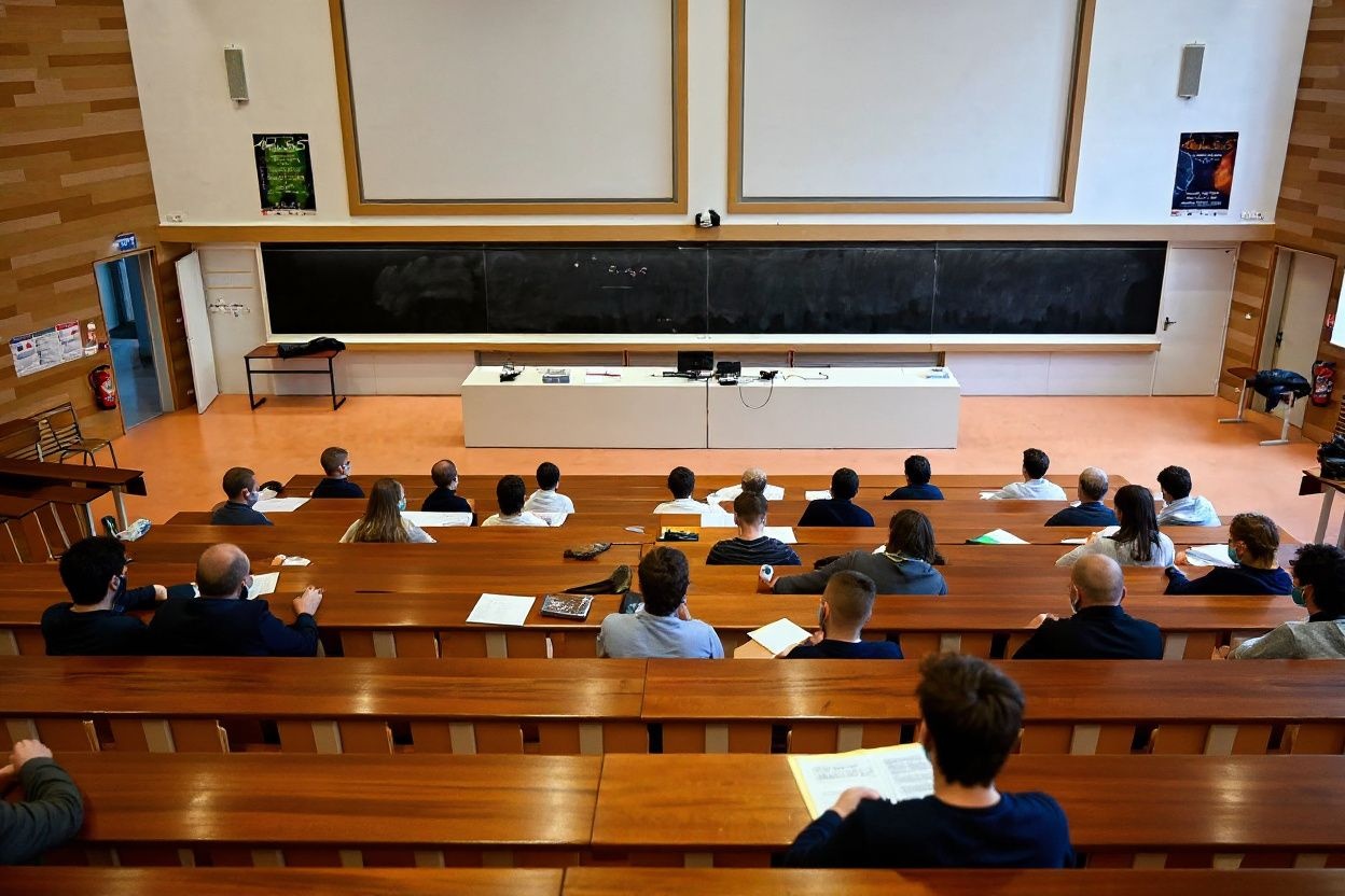 University of Rennes 1 students, wearing protective nose and mouth masks to curb the spread of the novel coronavirus, Covid-19, sit in an auditorium as they attend a supervised physics lecture in Rennes, western France on January 4, 2021. (Photo by Damien MEYER / )