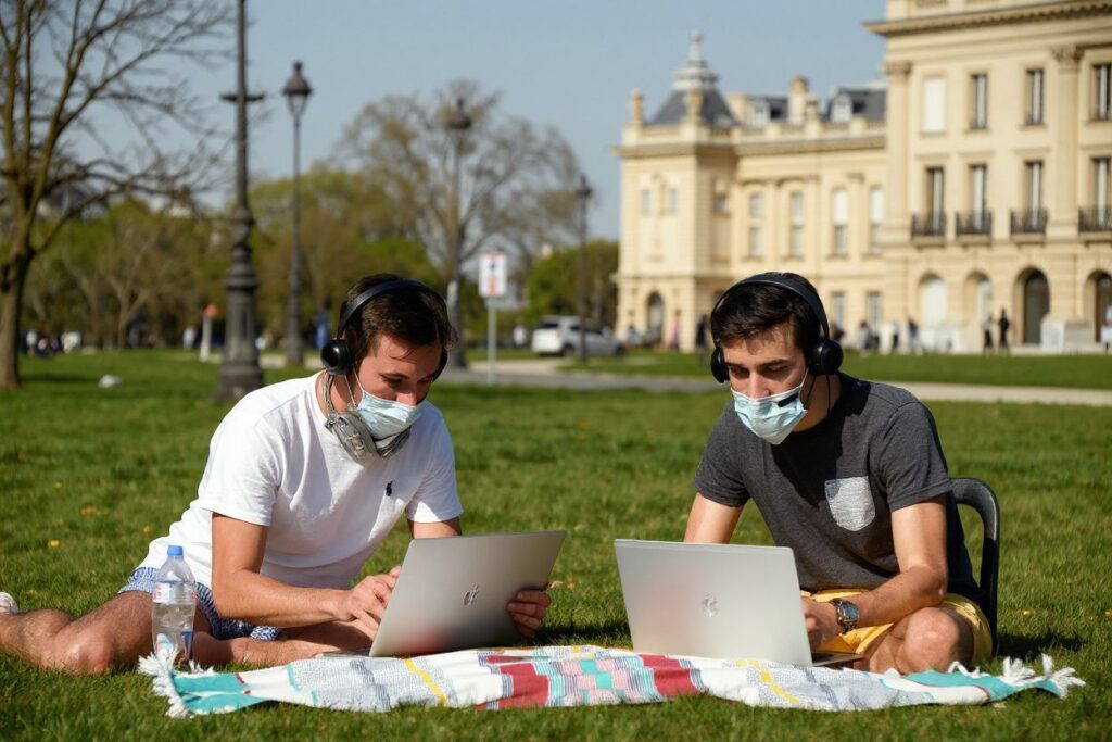 Two men work on their computer on the grass on a sunny spring day amidst the coronavirus pandemic in front of the Hotel des Invalides in Paris, on March 31, 2021. Source: Bertrand Guay/