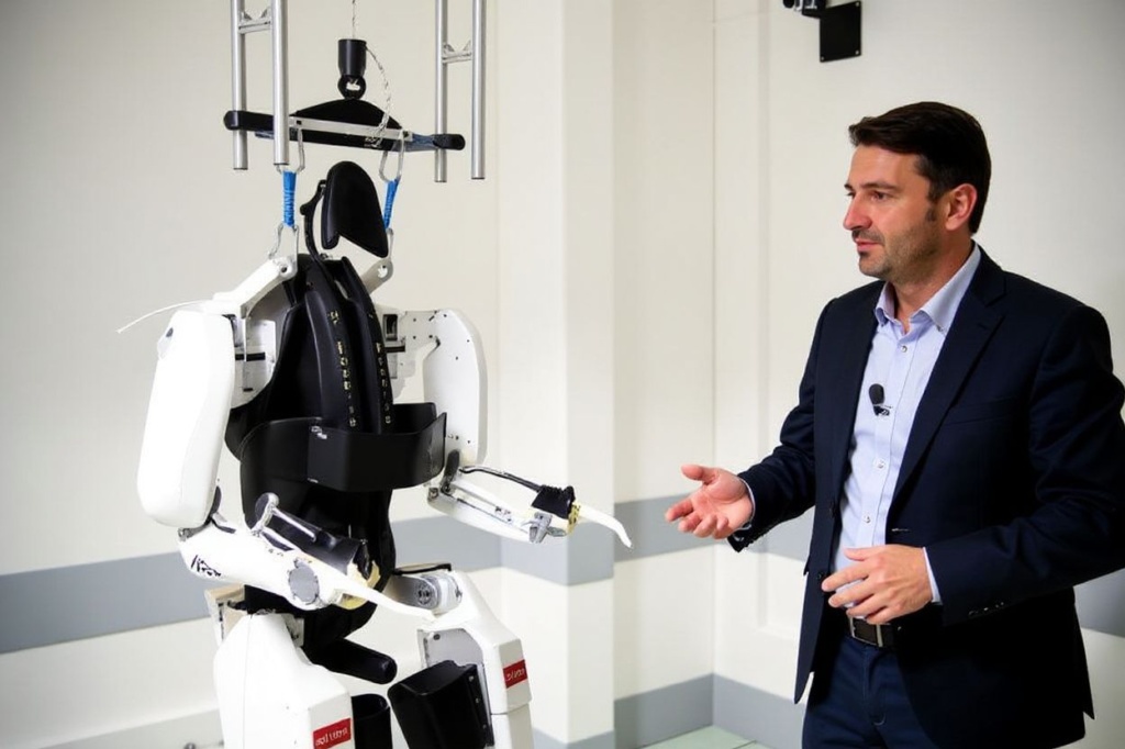 French project manager Gullaume Charvet presents the brain-controlled exoskeleton that allowed a disabled patient to walk again at the biomedical research center Clinatec in Grenoble on October 7, 2019. A French man paralysed in a night club accident can walk again thanks to a brain-controlled exoskeleton in what scientists said was a breakthrough providing hope to tetraplegics seeking to regain movement. The patient trained for months, harnessing his brain signals to control a computer-simulated avatar to perform basic movements before using the robot device to walk. Doctors who conducted the trial cautioned that the device is years away from being publicly available but stressed that it had “the potential to improve patients’ quality of life and autonomy”. (Photo by JEAN-PIERRE CLATOT / )