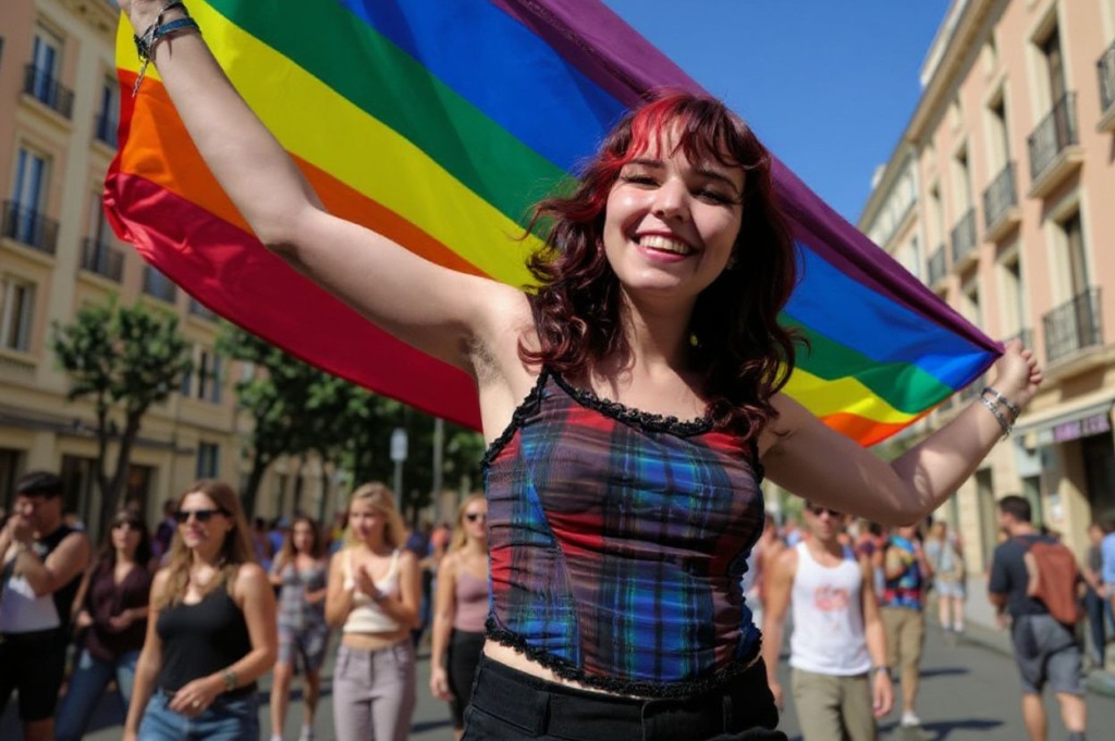 A participant in the “Pink Parade”, a Pride celebration in Nice, southeastern France. Source: .