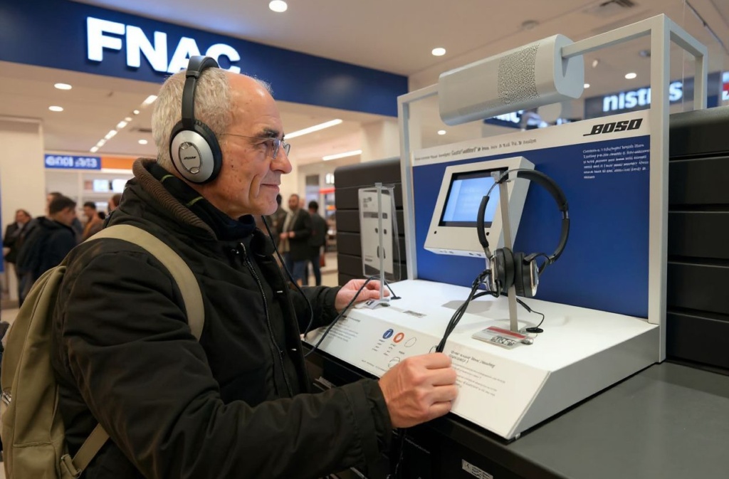 A customer tests headphones at a FNAC store on November 27, 2012 in Paris.   PHOTO MIGUEL MEDINA (Photo by MIGUEL MEDINA / )