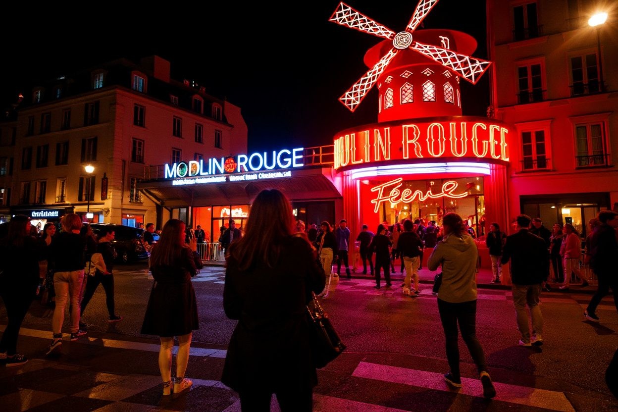 Tourists stand in front of the Moulin Rouge, a famous cabaret and theatre at night in Paris on October 10, 2023. (Photo by Dimitar DILKOFF / )