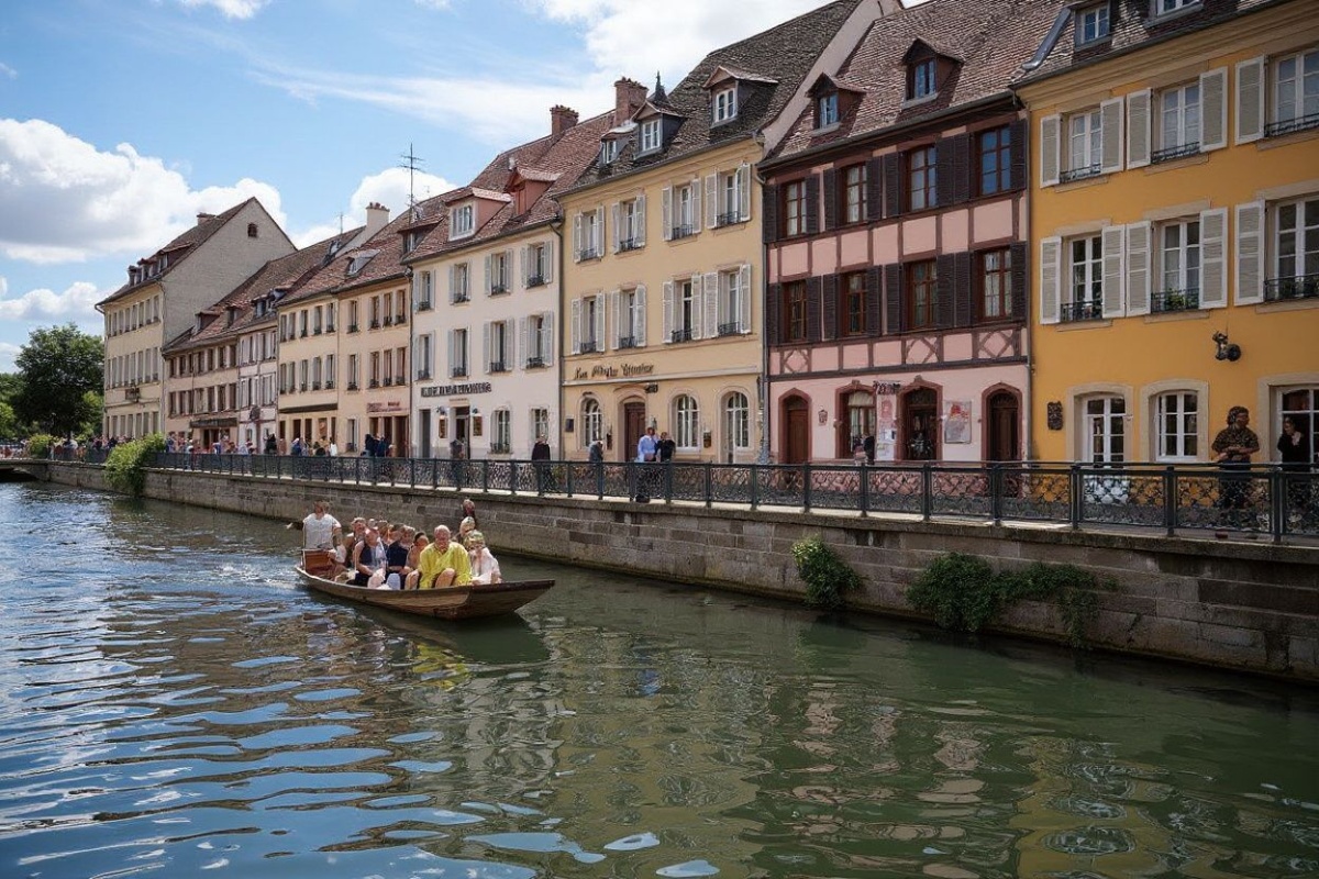 Tourists visit “la petite Venise” (The Litte Venise) area on a boat in Colmar, eastern France on July 11, 2024. (Photo by SEBASTIEN BOZON / )