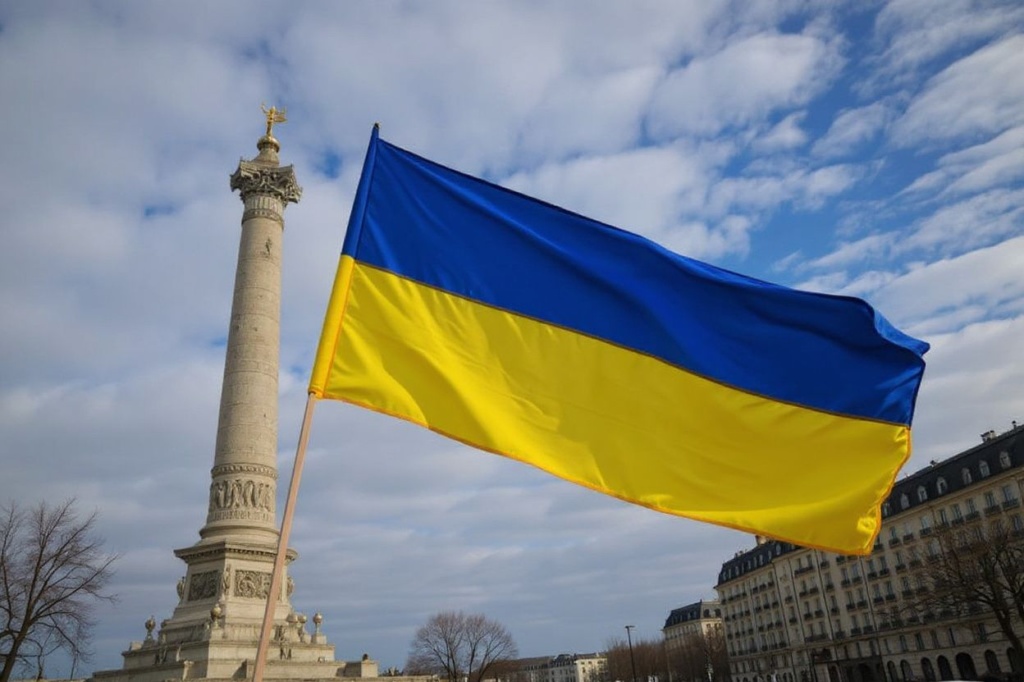 This photograph taken in Paris, on February 25, 2023, shows a Ukrainian flag waving with the July Column (L) in the background at the Place de la Bastille. (Photo by Emmanuel DUNAND / )