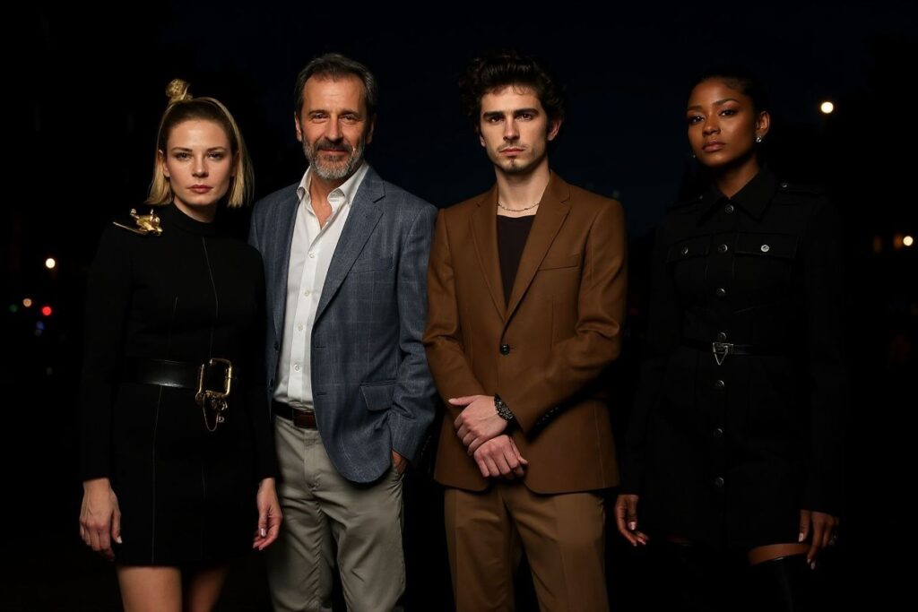(Left to right) Swedish actress Rebecca Ferguson, French-Canadian director Denis Villeneuve, US actor Timothée Chalamet and US actress Zendaya pose during a photocall session for the American epic science-fiction movie “Dune” in Paris. Source: Lucas Barioulet/