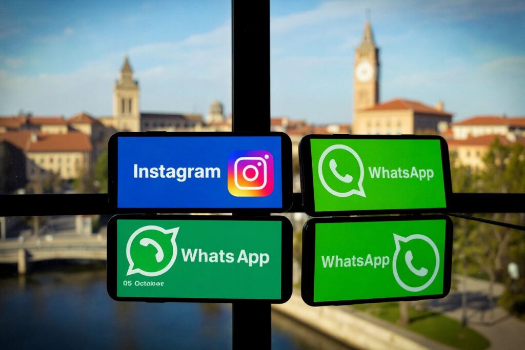 This picture taken on 05 October, 2020 shows logos of US social networks Facebook, Instagram and mobile messaging service WhatsApp on the screens of a smartphone and a tablet in Toulouse, southwestern France. (Photo by Lionel BONAVENTURE / )