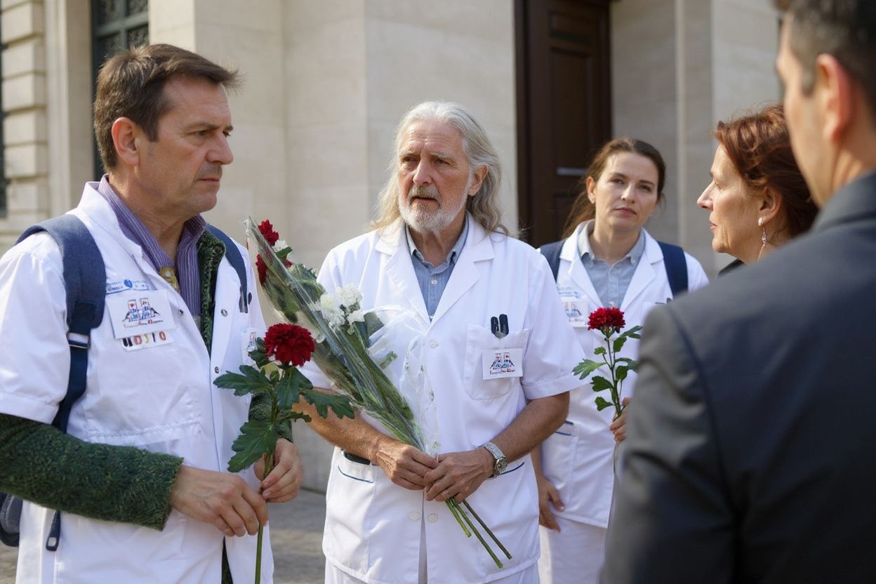 Medical interns and families hold flowers as they pay homage to five medical interns who committed suicide since the beginning of the year during a gathering in front of the French Health Ministry to denounce the heavy workload, in Paris.