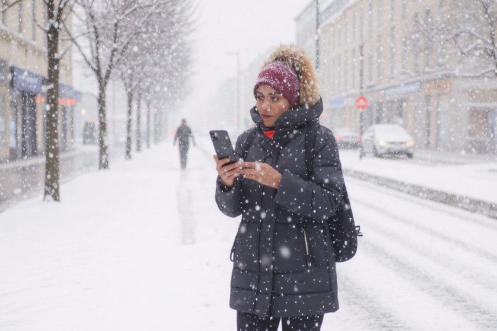 A pedestrian records with her mobile phone during a snow fall in Lille, northern France on December 3, 2023. (Photo by Sameer Al-DOUMY / )