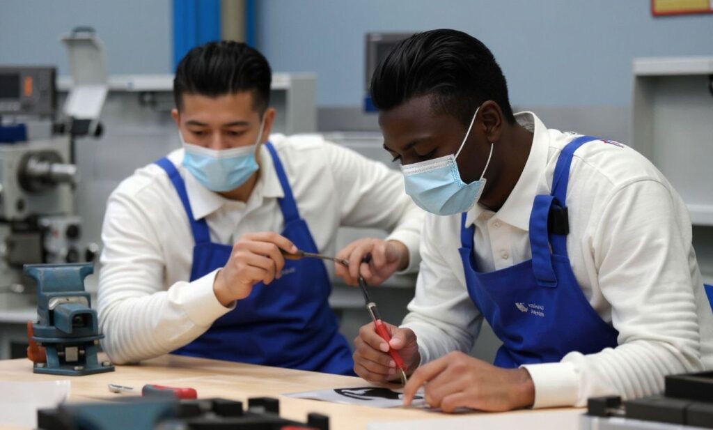 Pupils wearing face masks attend a metal workshop at the Hans-Sachs vocational college (Hans-Sachs-Berufskolleg) in Oberhausen, western Germany.