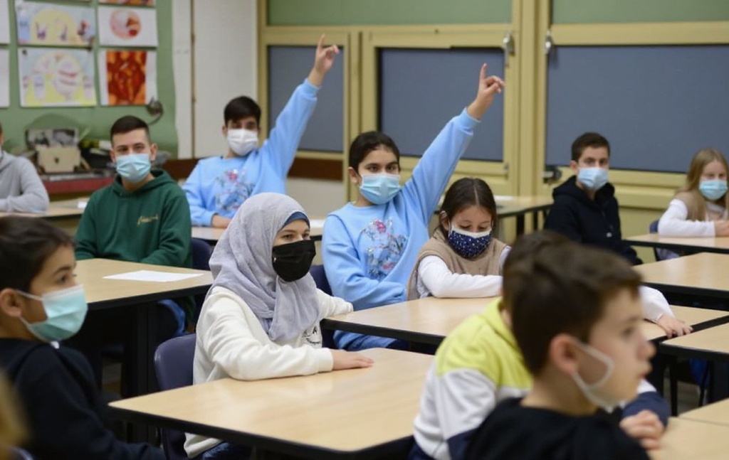 Students sit in their school class to attend their first lesson. Source: .
