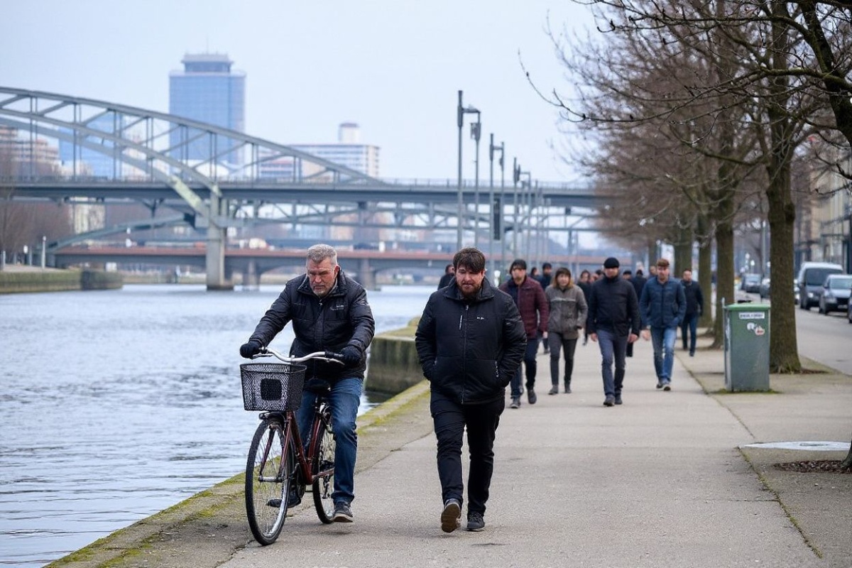 People walk and ride bicycle on the Main river embankment in Frankfurt am Main, western Germany, on March 14, 2025. (Photo by Kirill KUDRYAVTSEV / )