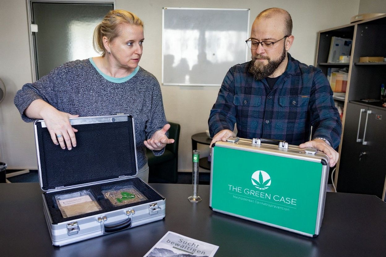 “Tannenhof Berlin-Brandenburg” addiction therapist Katja Seidel (L) and colleague Pascal Noack (R) demonstrate  “The Green Case” during an interview with  in Berlin, on March 27, 2024, a suitcase containing a kit used to communicate with students during a cannabis prevention visit to schools in Berlin and Brandenburg. Source: