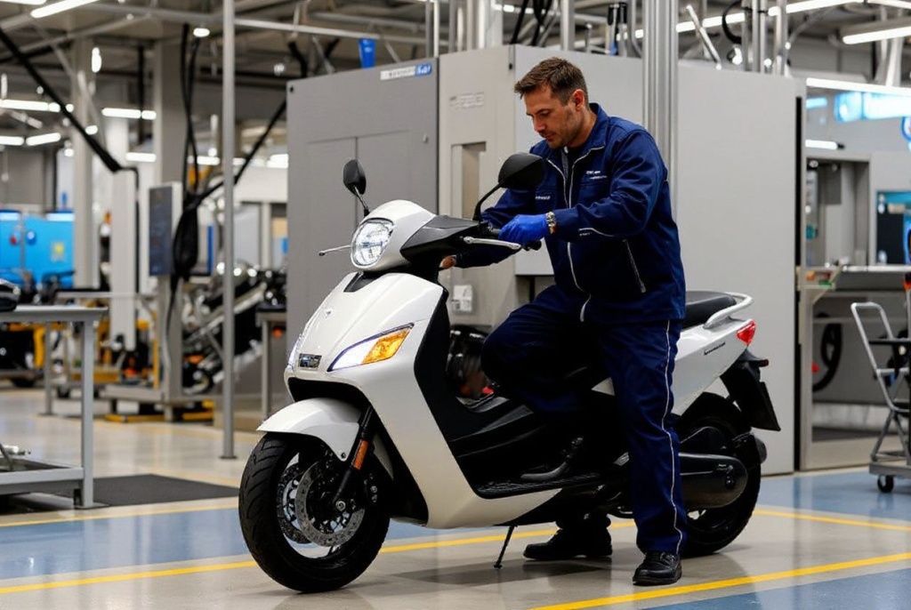 A mechanical engineer works on a BMW CE 04 electrically powered scooter during a visit of the BMW Group Motorradwerk motorcycle plant in Berlin, Germany, on December 19, 2022. (Photo by Tobias Schwarz / )