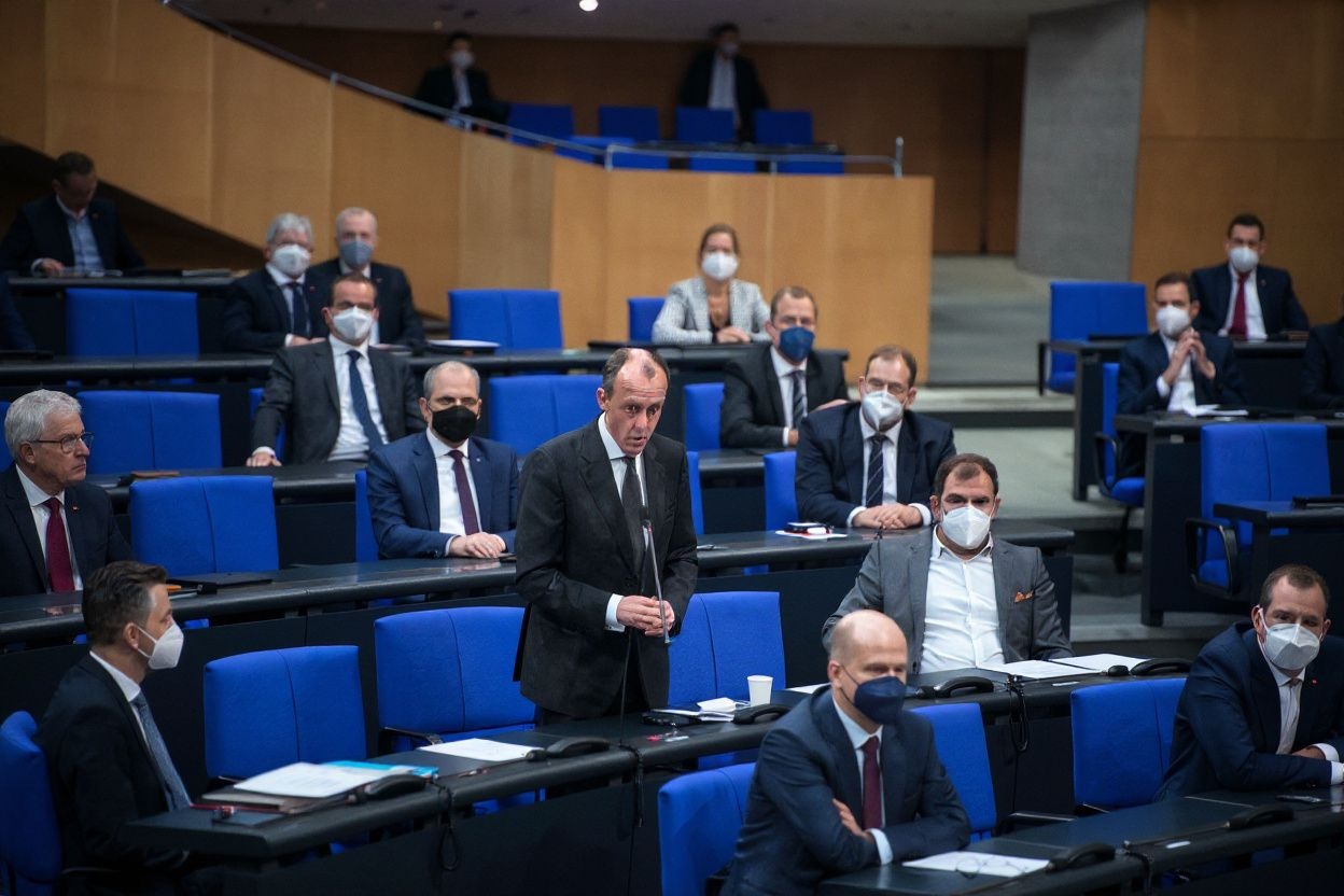 Friedrich Merz (C), leader of Germany’s conservative Christian Democratic Union (CDU) party, speaks during a session of the Bundestag (lower house of parliament) in Berlin on January 27, 2022, with the debate focusing on Europe’s future and Germany’s G7 presidency. (Photo by STEFANIE LOOS / )